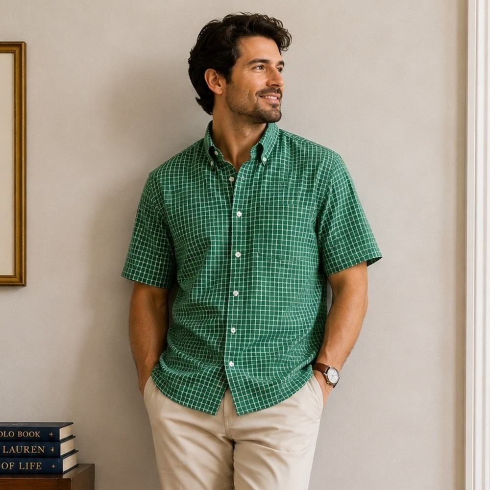 LL Bean Mens Large Green Windowpane Check Short Sleeve Button Down‎ Shirt